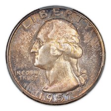 1957-P 25C MS67 CACG Washington Quarter Silver CAC Image Secure Toning Toned Gem