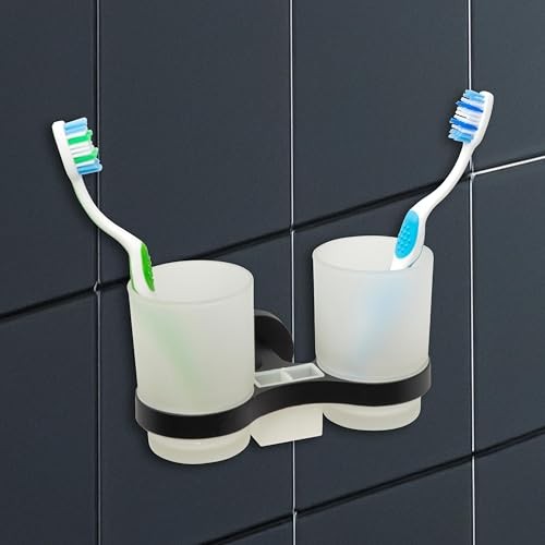 Porte-brosse à dents autocollant mural double verre support gobelet bain