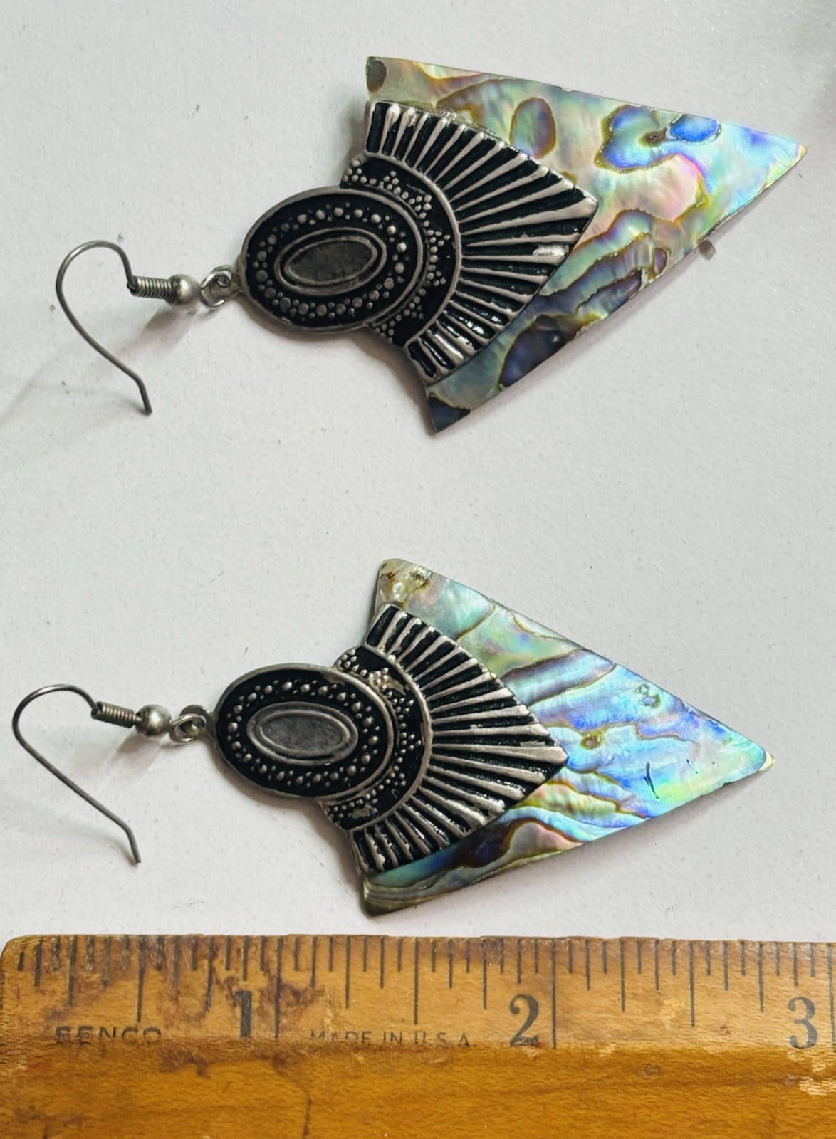 Vintage MOP Abalone Shell Triangle Drop Dangle Ea… - image 10