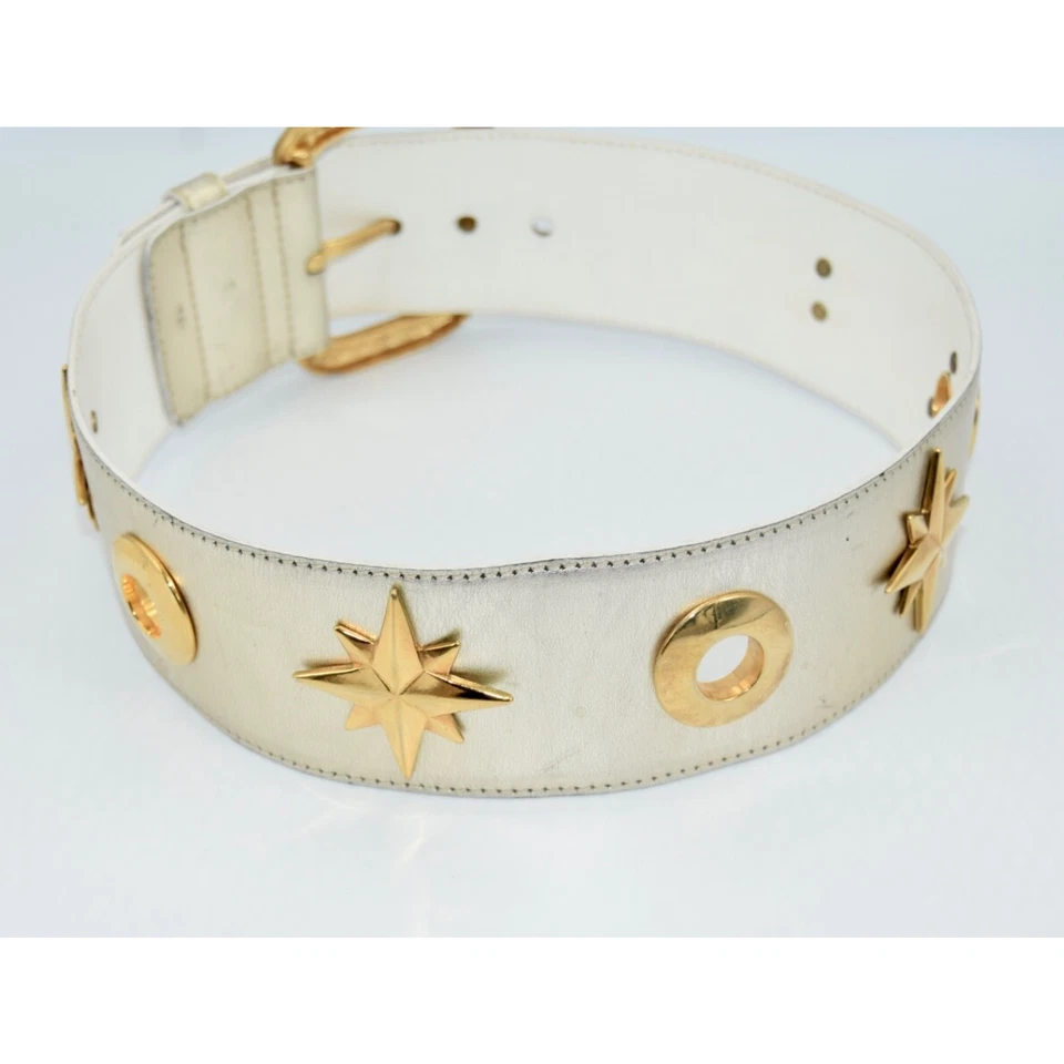 34Vintage Escada Champagne Metallic Gold Star Charm Leather Waist Belt 34 - Image 4 of 4