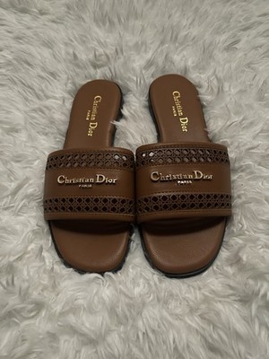 Christian Dior Brown Slide Sandals Gold Logo Women s Size 8