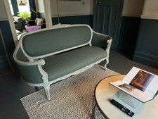 Rococo French Sofa: Reupholstered in Moon Wool painted in Farrow & Ball