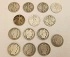 Lot of (14) 90% Silver 7 walking liberty 7 Barbers
