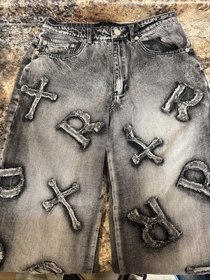 Racer Worldwide Men s Distressed Letter Washed Black Patched Jeans in Size 28