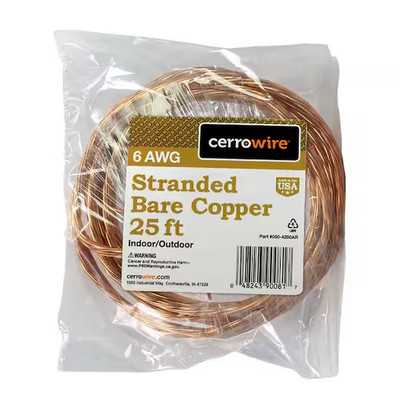 Cerrowire 25ft 6 Gauge Stranded Bare Copper Grounding Wire Indoor/Outdoor 