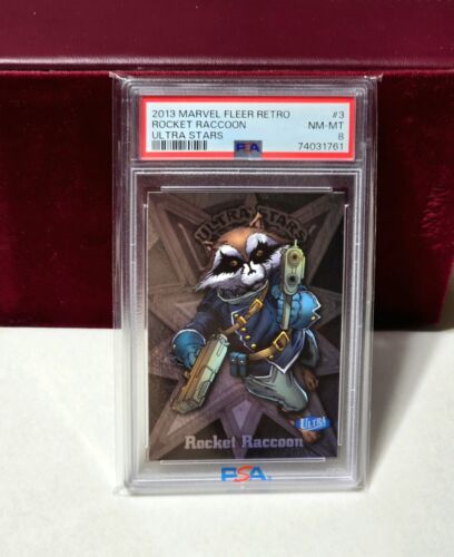 2013 Marvel Fleer Retro Ultra Stars #3  SSP Rocket Raccoon Card Graded PSA 8 NM - Afbeelding 1 van 5