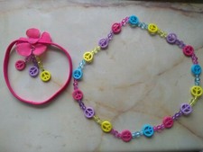 Girls Peace Symbol Necklace Matching Headband Multi Color 11" Costume Jewelry