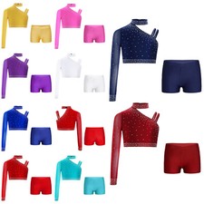 Kids Girls Tracksuit Workout Crop Top With Shorts Ballet Outfits Sparkly 2Pcs