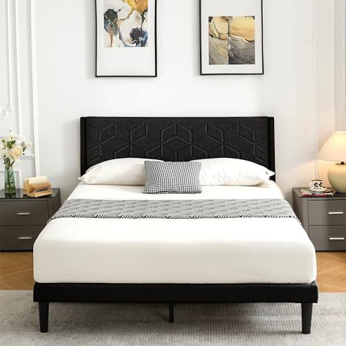 Size Platform Bed Frame with Fabric Upholstered Headboard and Queen Black