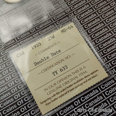 1955 Canada 25 Cents Quarter - ICCS MS 64 RARE - Double Die Date