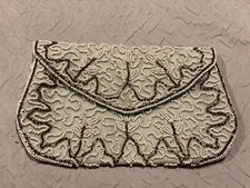 VINTAGE WALBORG WHITE  BROWN BEADED EVENING BAG CLUTCH. MADE IN BELGIUM BY HAND