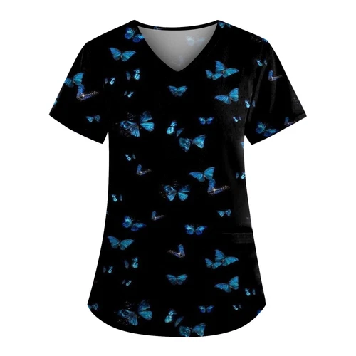 Women Printed Scrub Working Uniform V-Neck Short Sleeve Workwear Tee With Pocket - Picture 15 of 39