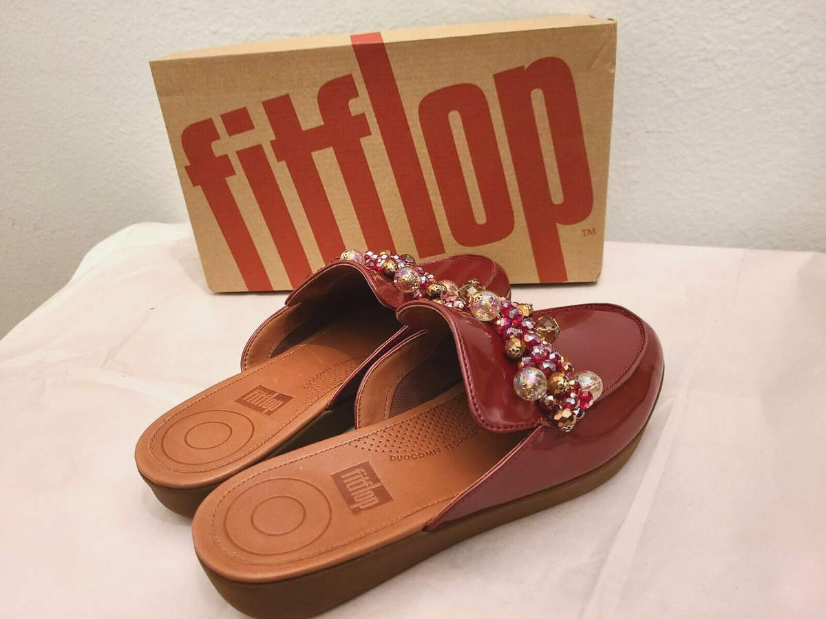 FitFlop Serene Mules Fire Red Patent PU Embellished Slip On Flats