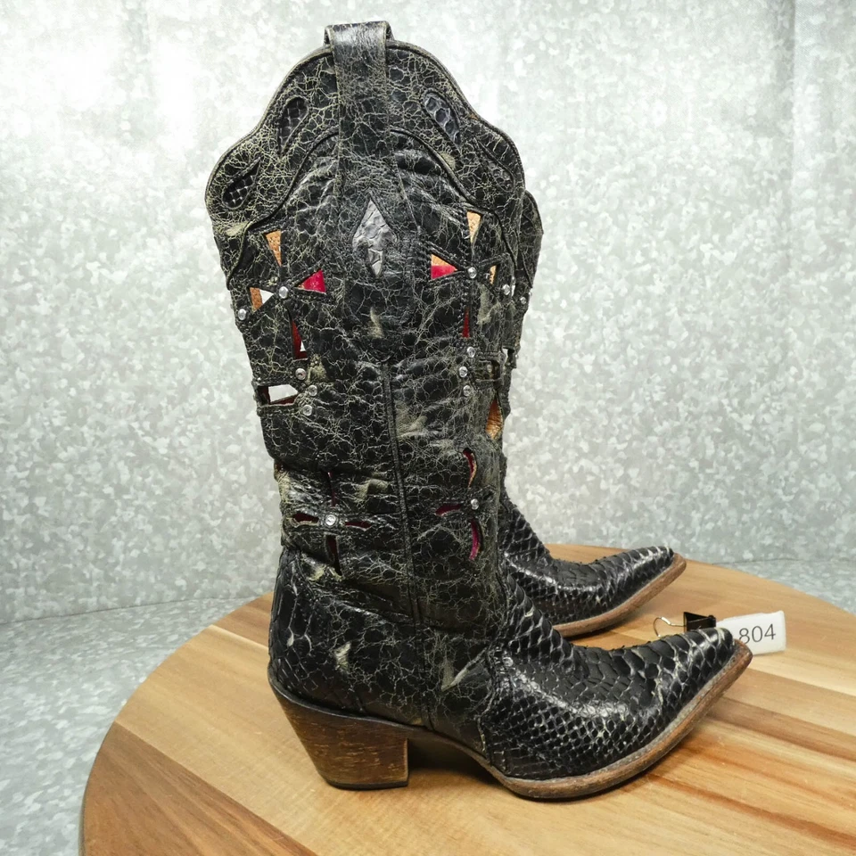 Corral Vintage Boots Womens 6.5M Black / Grey Python w Cross Trim Cutouts C2131 - Image 2 of 4