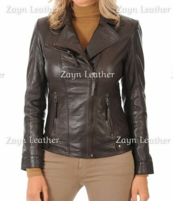 Women Stylish Brown Leather Jacket Authentic 100% Lambskin Leather Soft Jacket