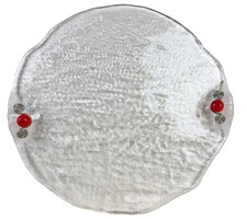 Studio Art Fused Glass 14" Round Serving Platter Tray Red Cabochons Wire Curls
