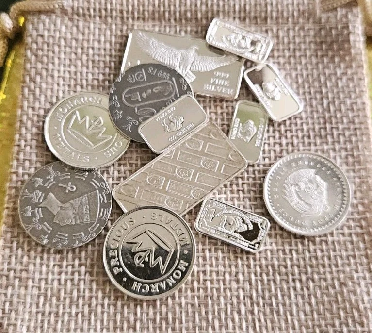 Silver Barter Bag!! 2x 5g Monarch Eagle Bar 5x 1/10 Oz + 5x 1g .999 Round Aztec - Image 2 of 4