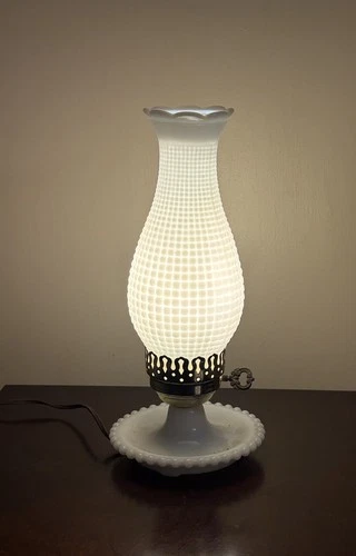 Vintage Electric Hobnail Milk Glass Hurricane Lamp w/ Trinket Dish Base 13.5"