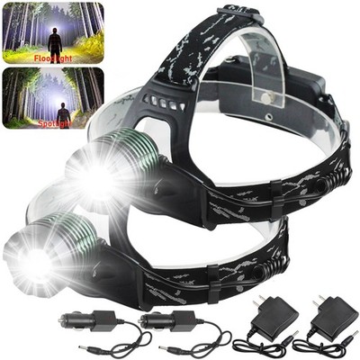 2Pack Zoom Super Bright LED Headlamp Rechargeable Tactical Head Light Torch Lamp