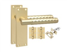 Door Handle Set Diamond Cut T-Bar with Latch & Hinges Satin Brass