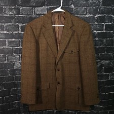Vintage Travelsmith Mens 44 Brown Tweed Plaid Wool Blazer Suit Jacket
