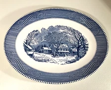 Royal China Currier & Ives Old Inn Winter Oval Serving Platter Blue & White 13”