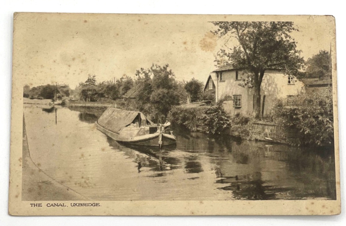 Uxbridge England Canal Boat Scene Postcard House Trees River UK