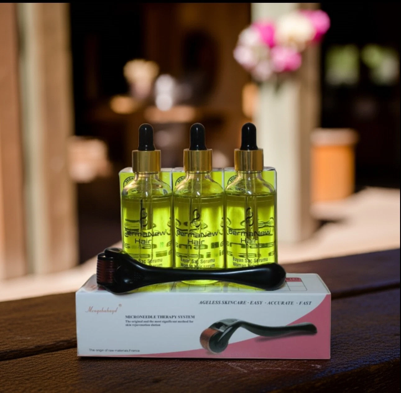 3 pcs Dermanew hair growth serum (WOMAN) 50 ml+Shampoo with Biotin+Derma Roller