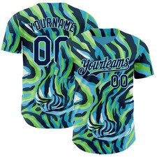 Custom Ice Blue Zebra Stripe Baseball Jersey Navy Green Animal Print Merch