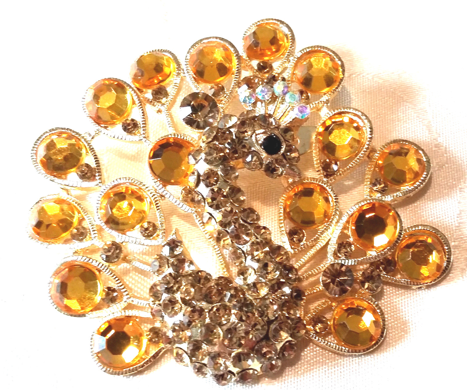Broche Paon Strass Jaune Métal Doré - Neuf Avec étiquettes - Sans Nickel - Qualité