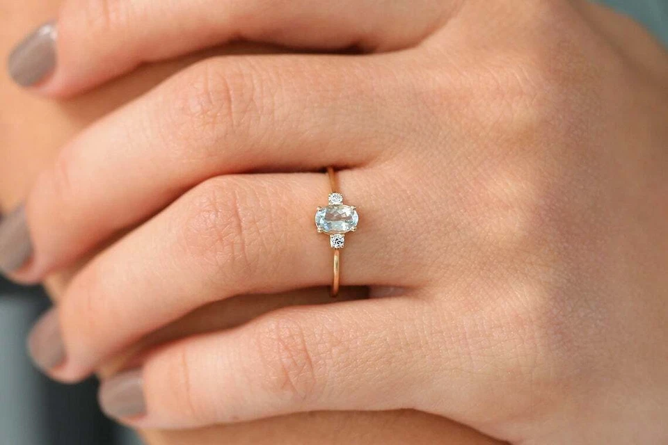 14K 585er Goldring 2 Diamanten 0,07ct Brillanten VS G-H & Aquamarin 0,50ct Edel - Bild 3 von 4