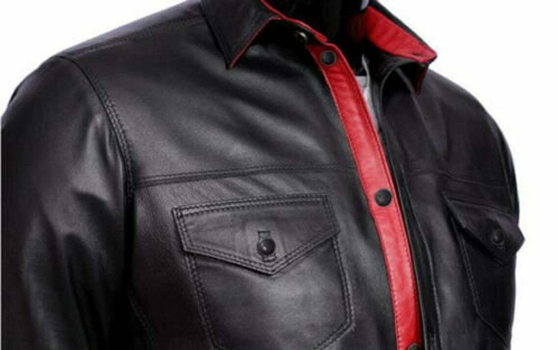 Cools Men's Leather Shirt 100% Real Lambskin Soft Black With Red