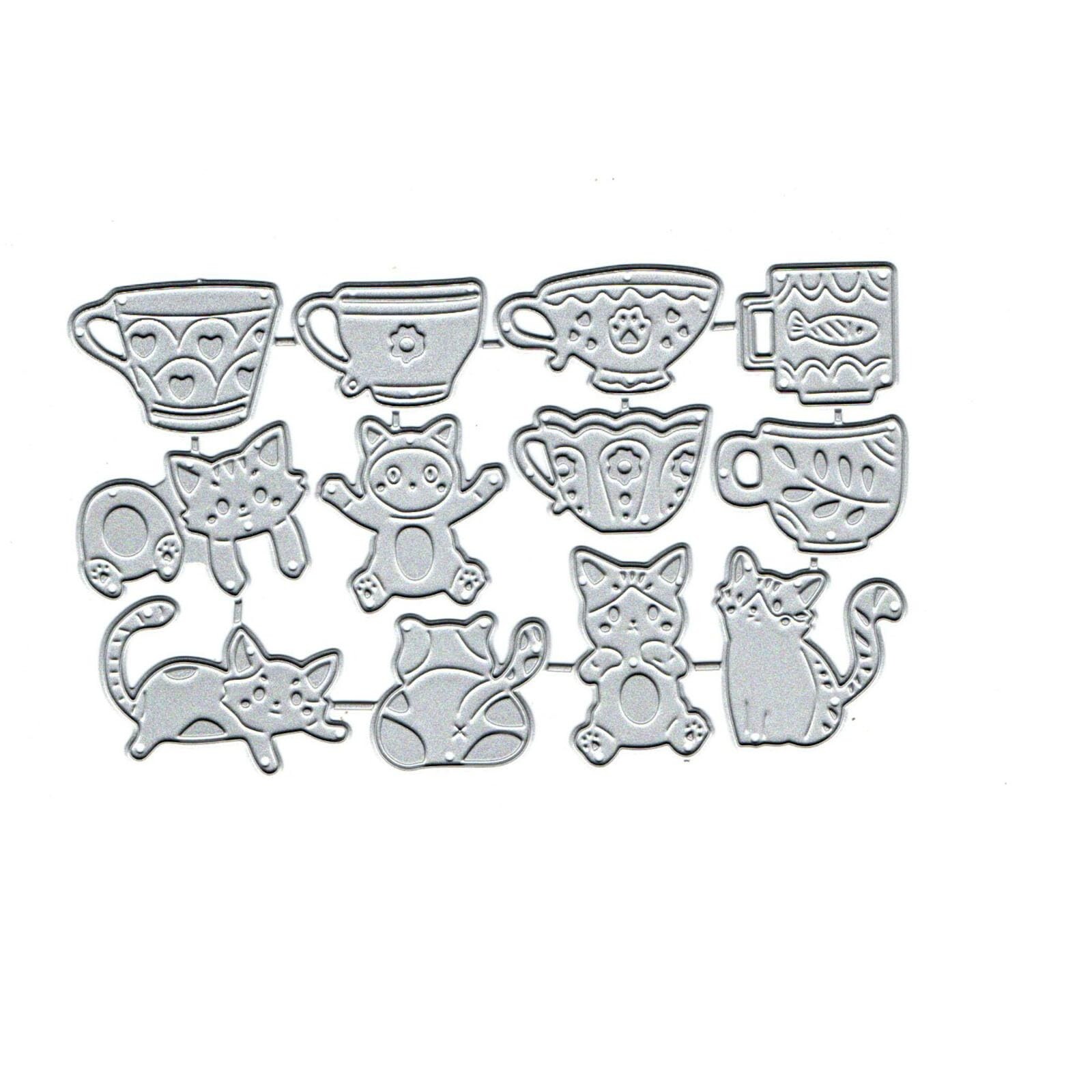 Cute Cat Cup Metal Die Cuts,Fish Cat Teapot Flower Leaf Heart Cutting Dies Cu...