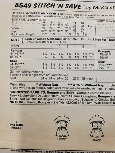 McCalls Stitch N Save 8549 Sewing Pattern Misses Romper Skirt Size A 6-8-10 Cut - Picture 5 of 8