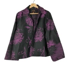 Multiples Black & Purple Floral Jacquard Open Front Blazer Jacket L