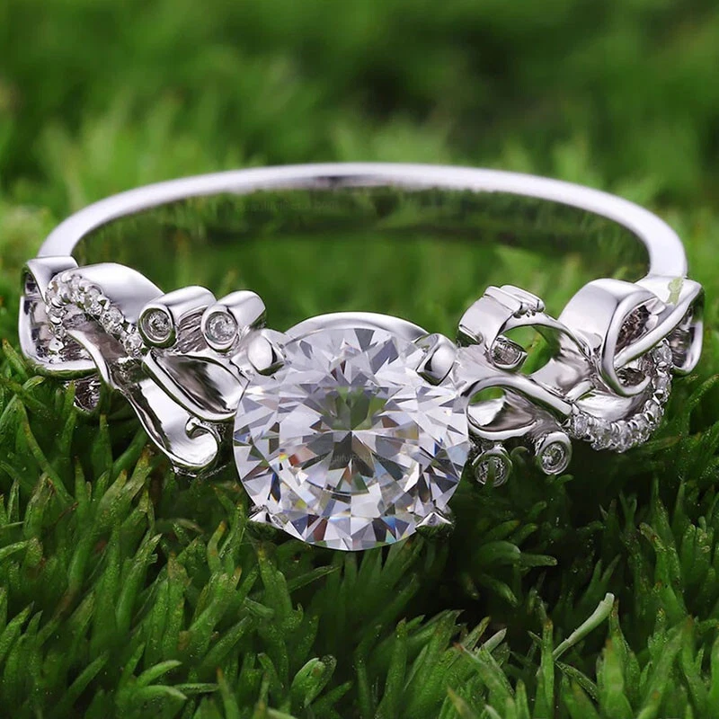 14K White Gold Plated 2.4Ct Diamond Round Cut Simulated Filigree Engagement Ring