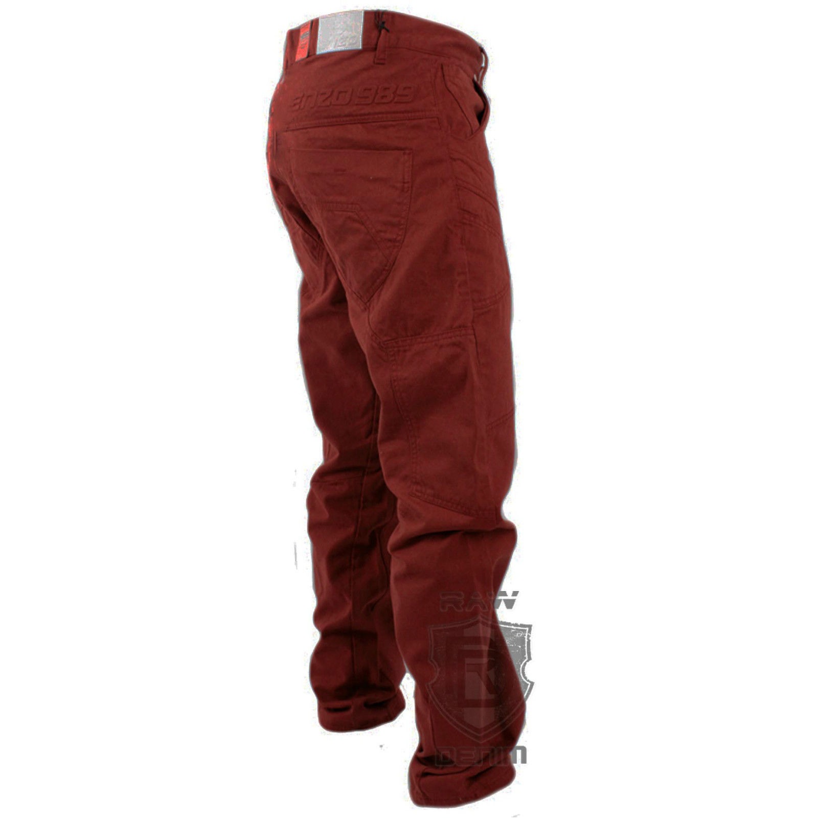 Mens Red Pants Enzo Denim Jeans Straight Leg Button Up Trousers Waist