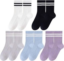 5 Pairs Solid Color Two Stripe Crew Socks Casual Athletic 6-10, 5 Colors