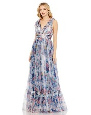 Mac Duggal Blue Multi Floral Tie A Line Gown Size 4 $498