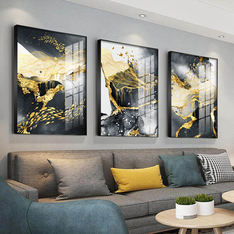 Golden Black White Abstract Painting Canvas Wall Art Poster Modern ...