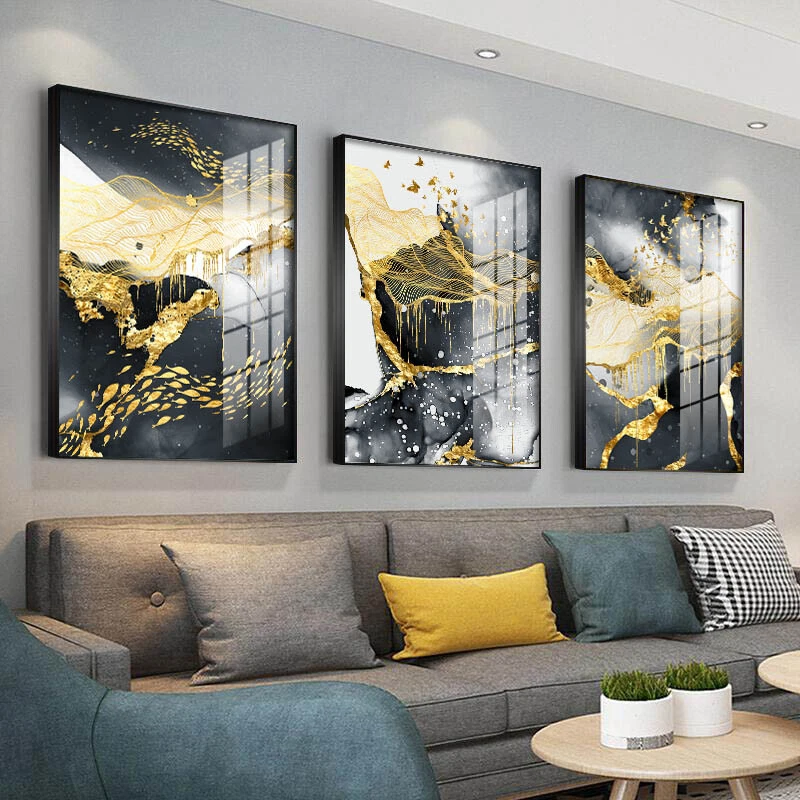 Golden Black White Abstract Painting Canvas Wall Art Poster Modern Home  Decor