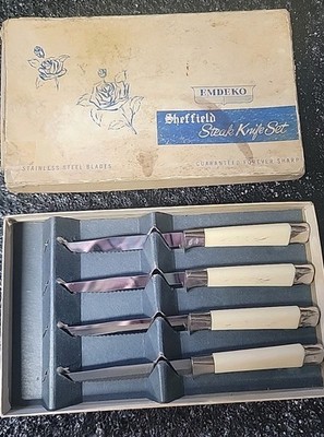 VTG Emdeko  Sheffield Steak Knives Stainless Steel Serrated Set Of Four with Box