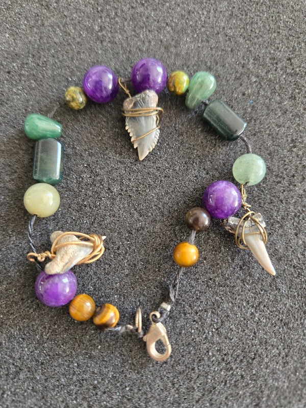 Vintage Handmade Multi Gemstone Shark Tooth Charm Bracelet -Beads w Shark Teeth
