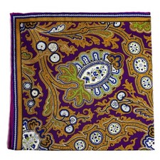 Purple Gold Floral Motif Silk Pocket Square Hand-Rolled in England