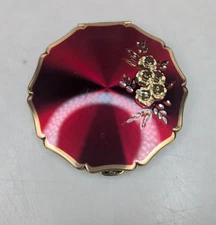 Vintage Stratton Powder Compact Ruby Red Flowers Gold Toned