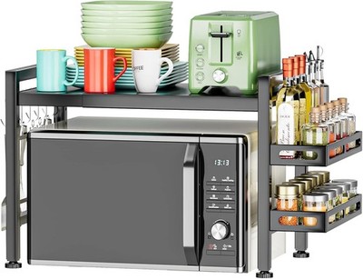 Extendable Microwave Oven Rack with Spice Shelf & Hooks - Black 2-Tier Design