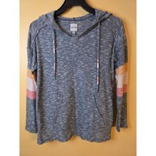 NIC ZOE Womens Space Dye Knit Hoodie Blue Marled Striped Sleeve V-Neck XS