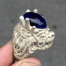 Vintage Dragon Head Ring Blue Bead Antique Style Collectible Chinese Jewelry