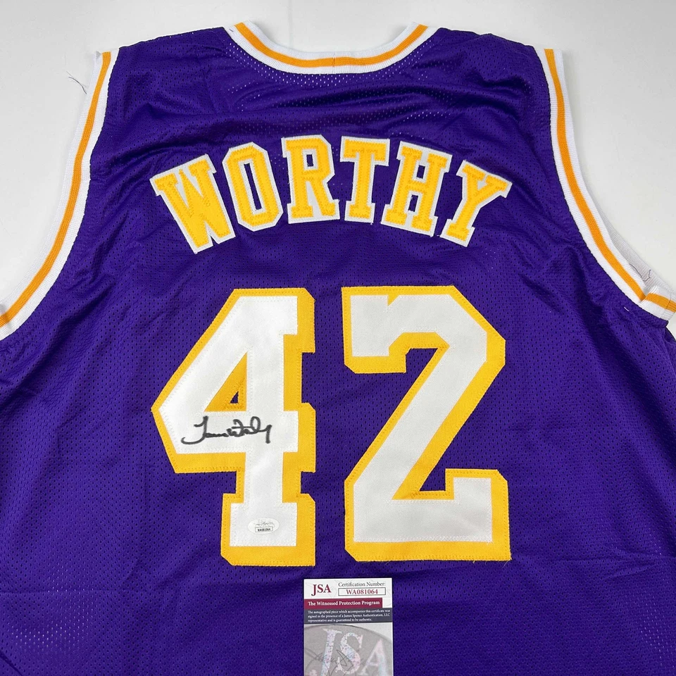 Autographed/Signed James Worthy Los Angeles LA Purple Basketball Jersey JSA COA - Image 2 of 4