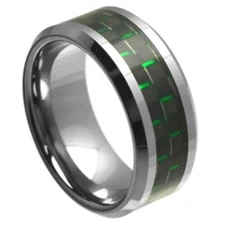 Tungsten Ring Band High Polish with Green & Black Carbon Fiber For Men & Women